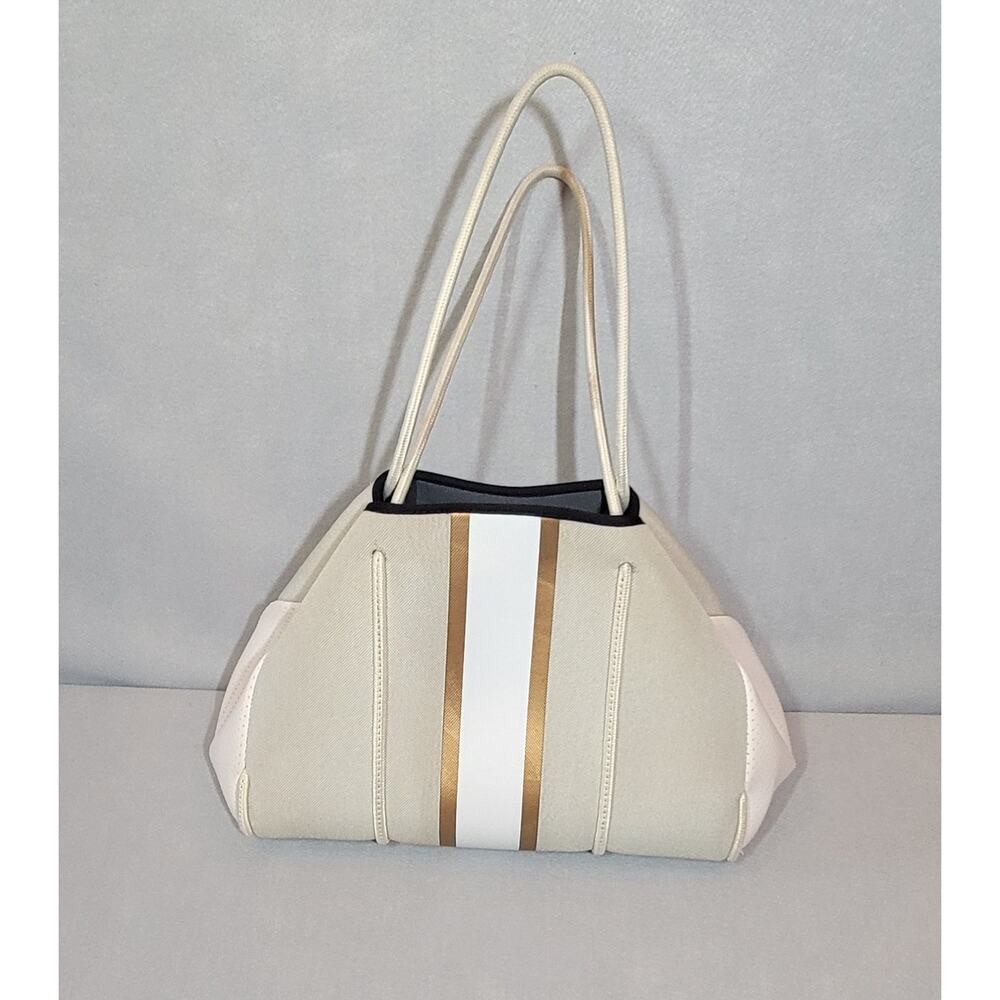 Haute Shore Greyson Neoprene Tote Bag Beige White Gold Stripe